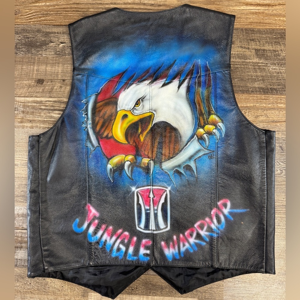 Vintage FMC Black Leather Motorcycle Vest Eagle Airbrushed Jungle Warriors